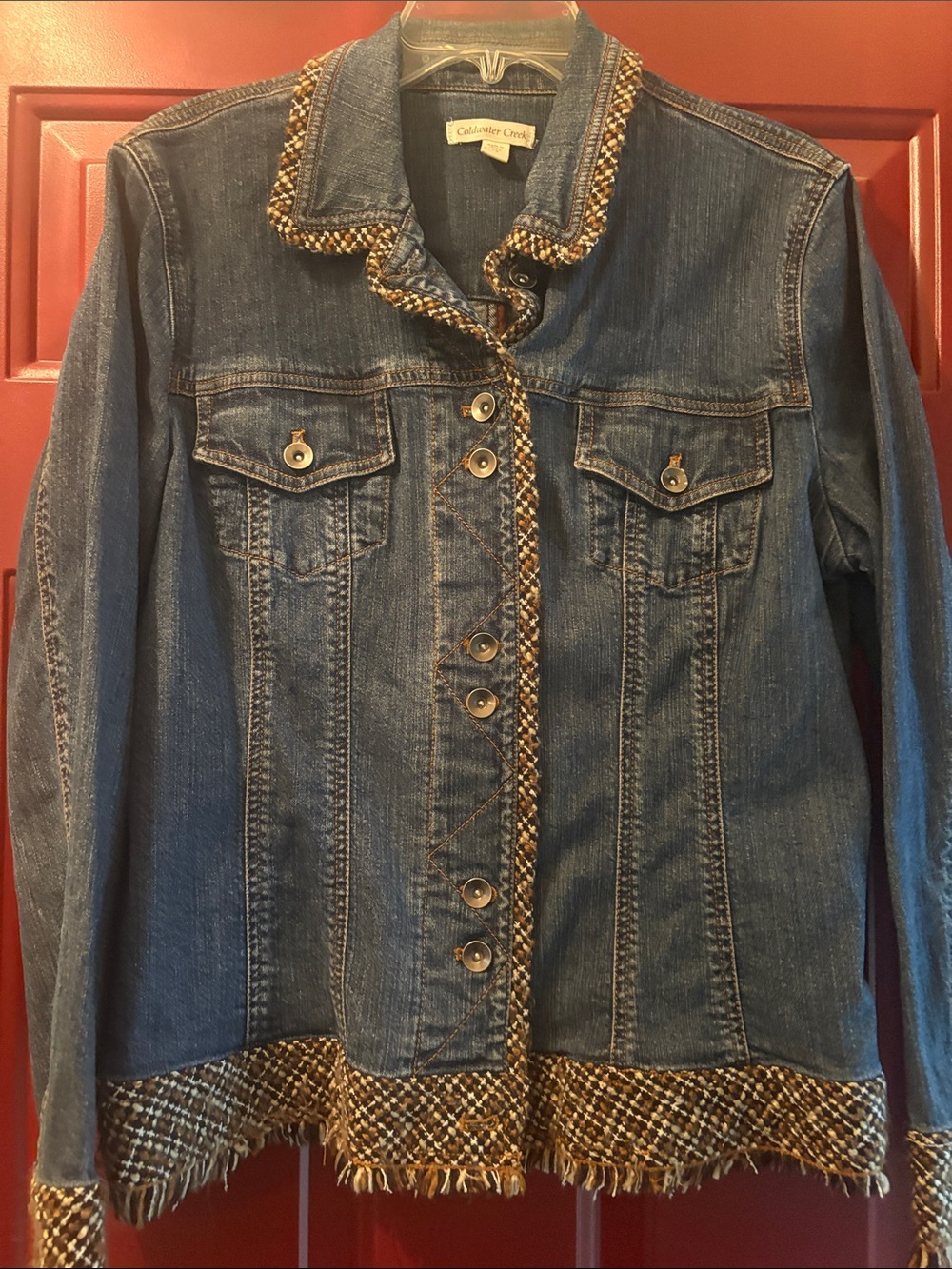 Coldwater Creek Blue Denim Jacket with Brown Tweed Trim